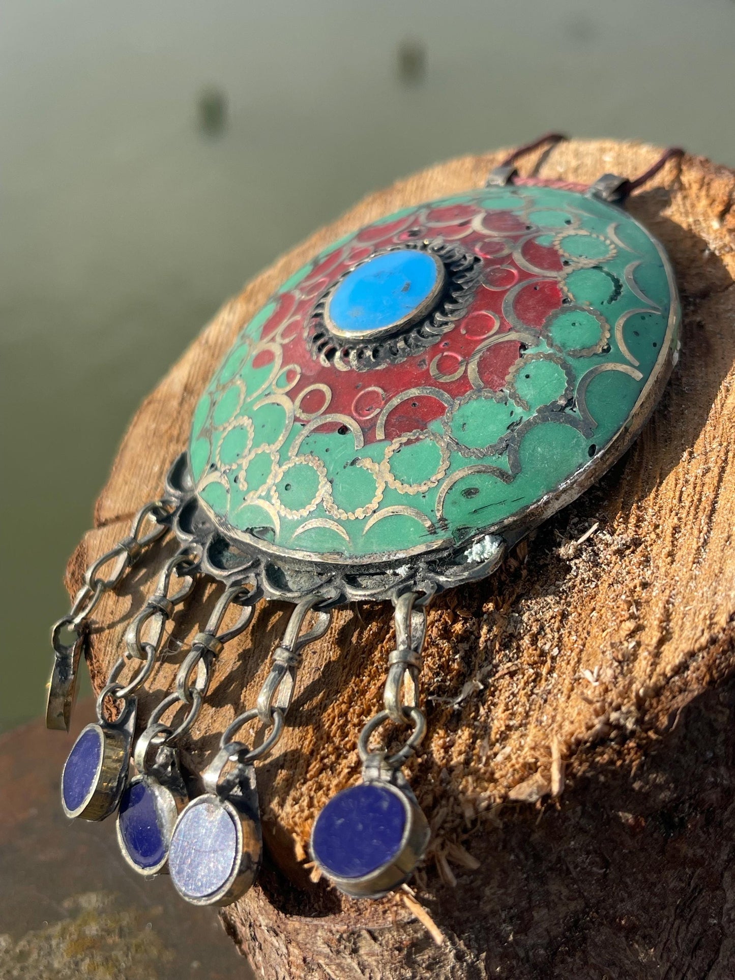 Gypsy jewellery. Very large statement necklace. Vintage jewellery, ethical jewellery, red and green pendant, boho necklace, unique necklace