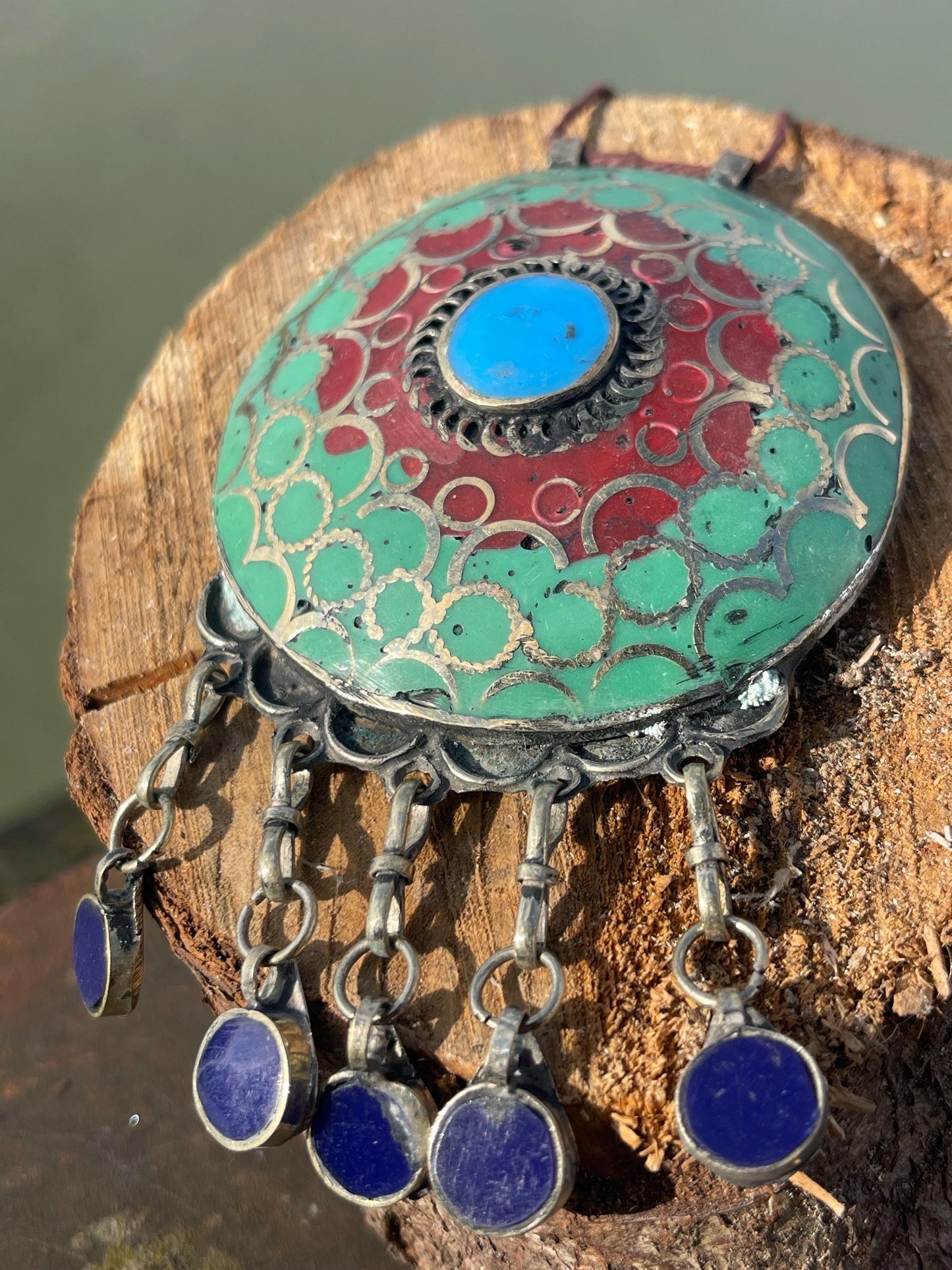 Gypsy jewellery. Very large statement necklace. Vintage jewellery, ethical jewellery, red and green pendant, boho necklace, unique necklace