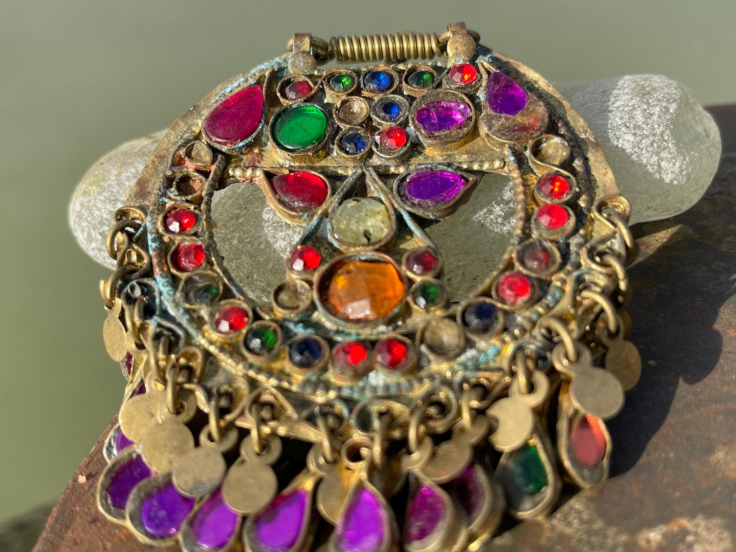 Vintage enamel and brass necklace, tribal jewellery. Unusual vintage pendants. Vintage jewellery. Unique necklaces. Unusual heart necklace