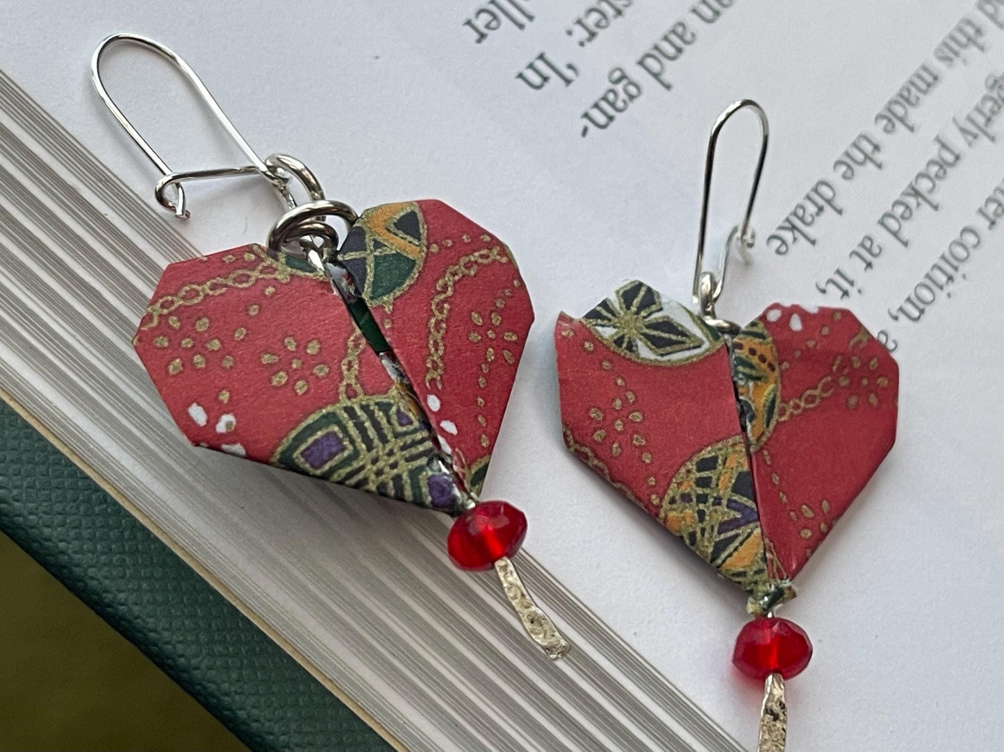 Heart origami earrings on recycled sterling silver. Eco friendly jewellery. Heart earrings. Handmade heart jewellery. Red hearts on silver