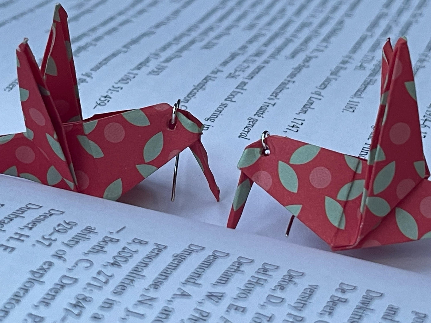 Bird origami earrings on recycled sterling silver. Eco friendly jewellery. Bird earrings. Handmade bird jewellery. Red birds on silver