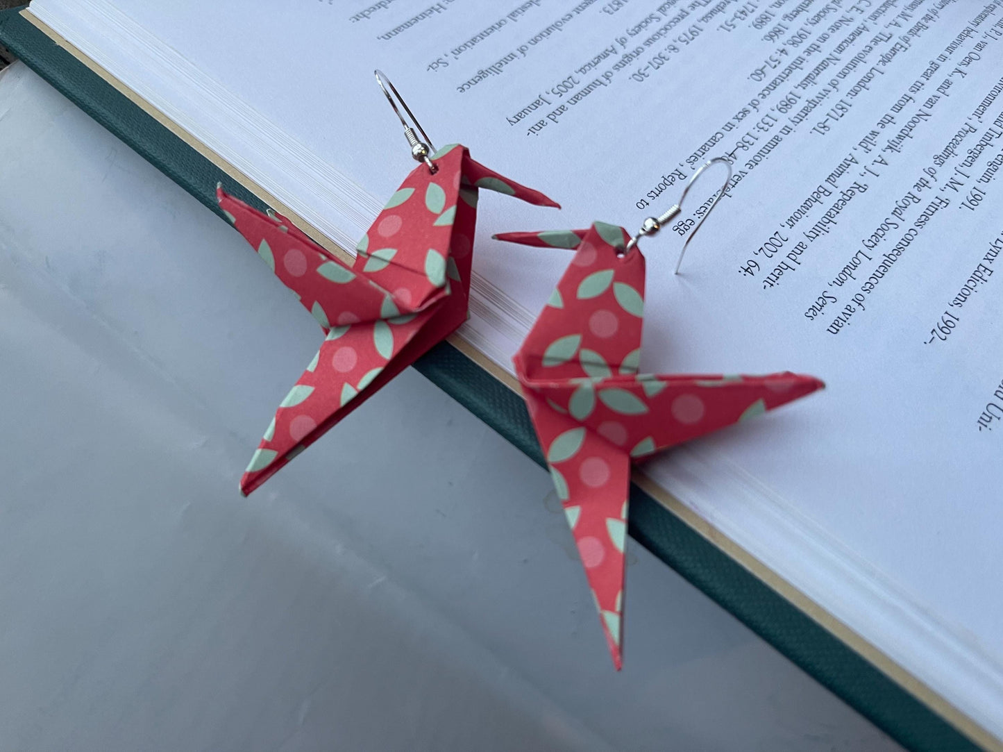 Bird origami earrings on recycled sterling silver. Eco friendly jewellery. Bird earrings. Handmade bird jewellery. Red birds on silver