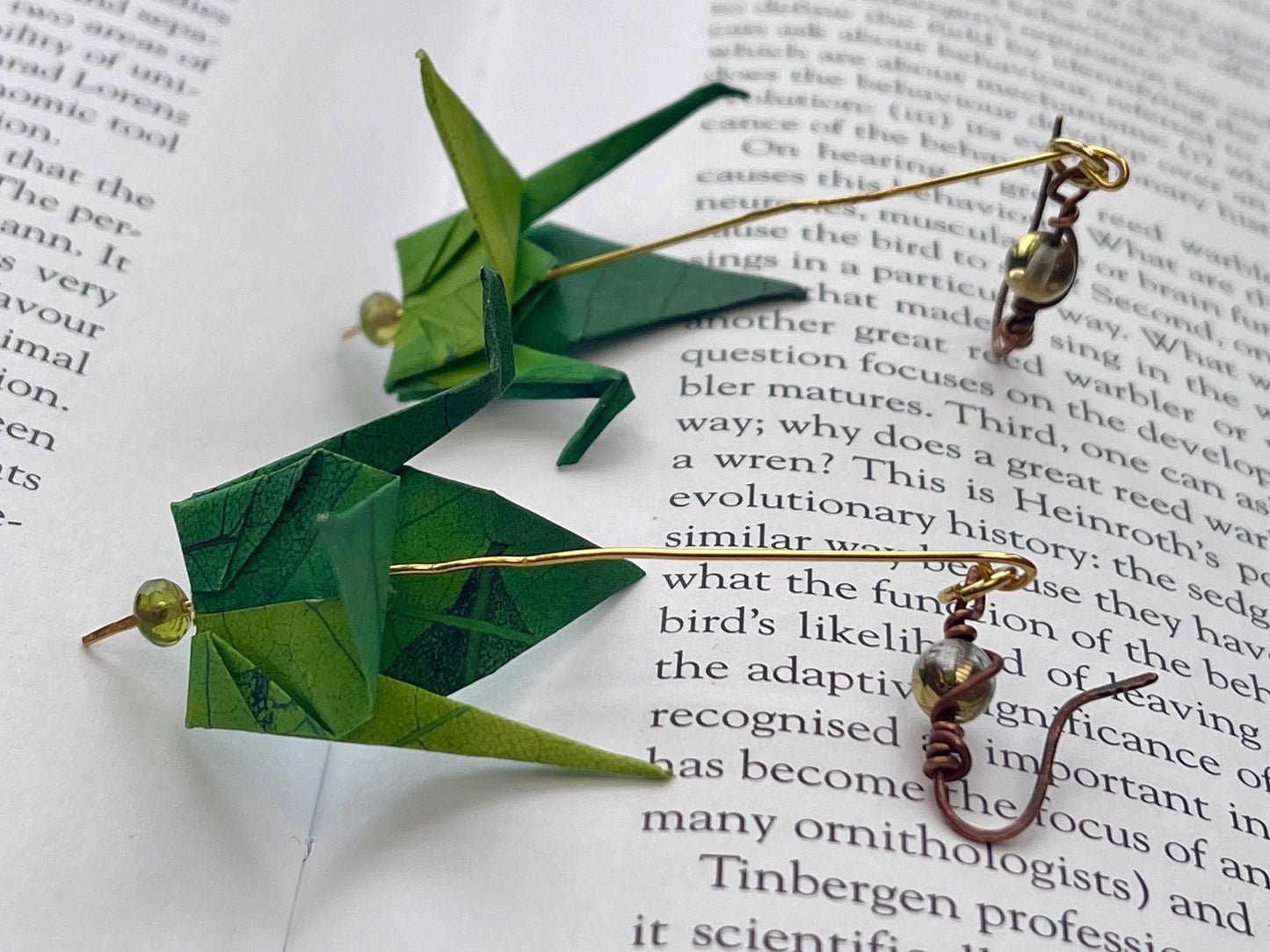 Bird origami earrings on recycled vintage beading. Eco friendly jewellery. Bird earrings. Handmade bird jewellery. Green birds. Eco gifts.