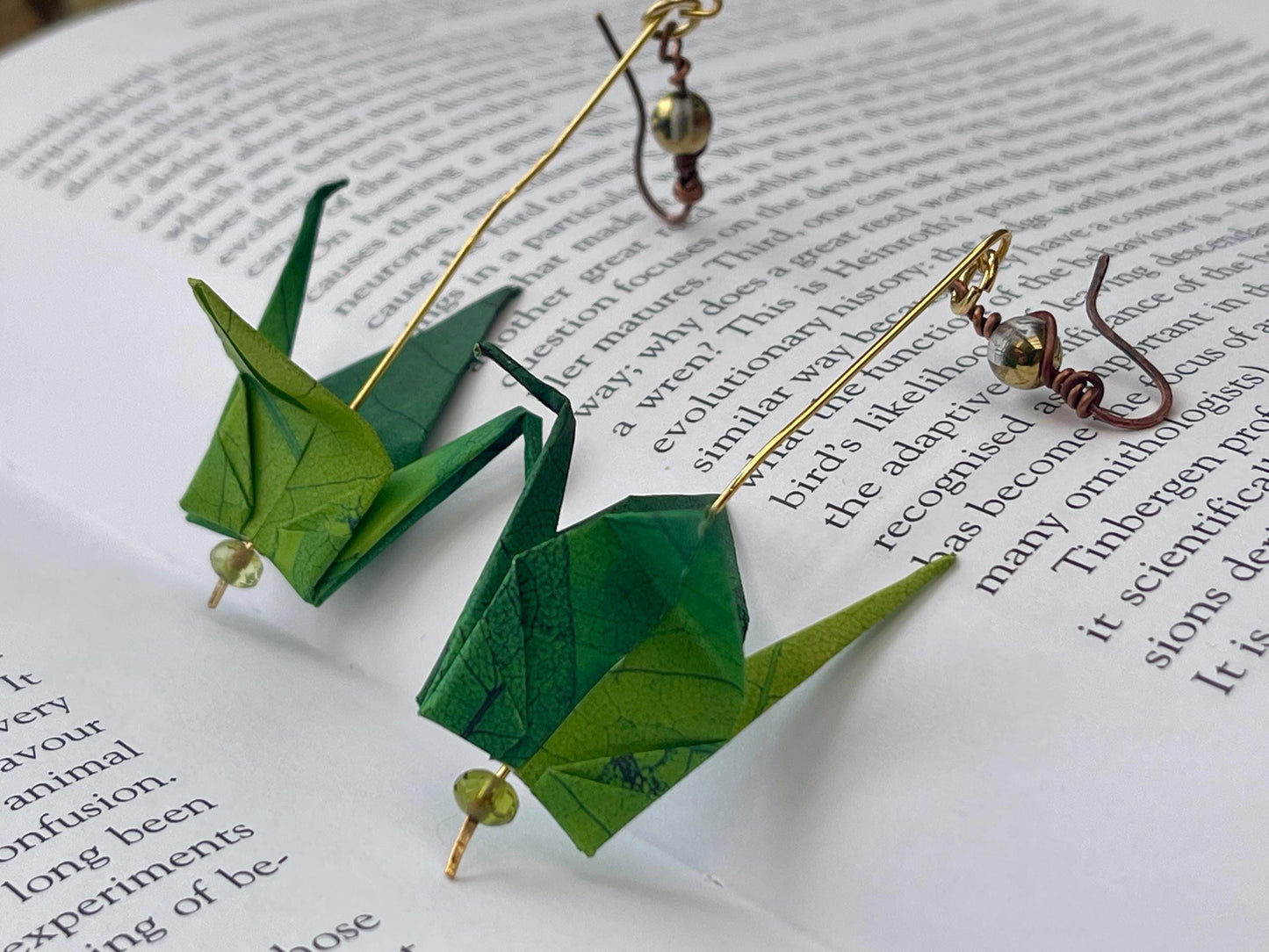 Bird origami earrings on recycled vintage beading. Eco friendly jewellery. Bird earrings. Handmade bird jewellery. Green birds. Eco gifts.