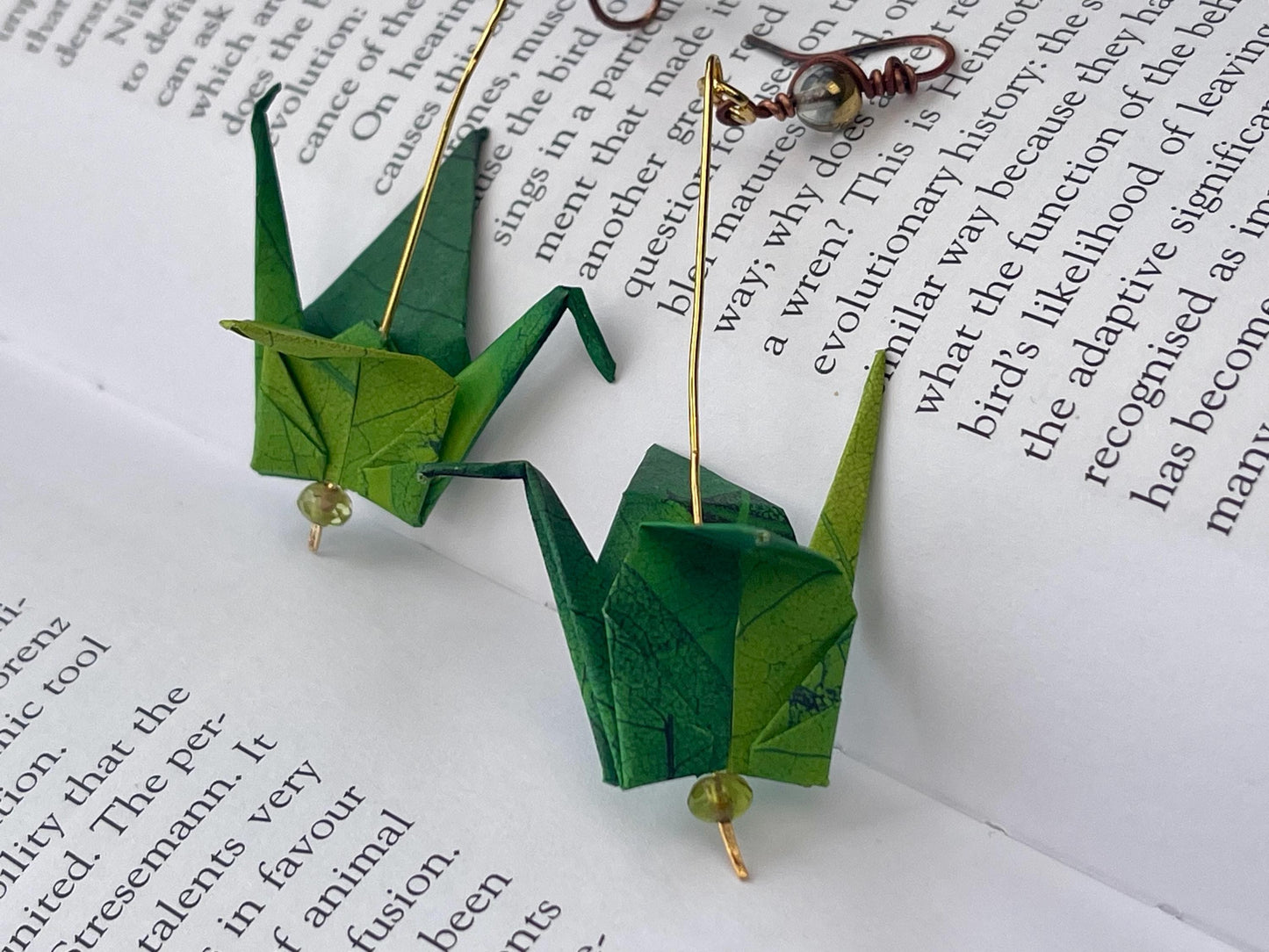 Bird origami earrings on recycled vintage beading. Eco friendly jewellery. Bird earrings. Handmade bird jewellery. Green birds. Eco gifts.