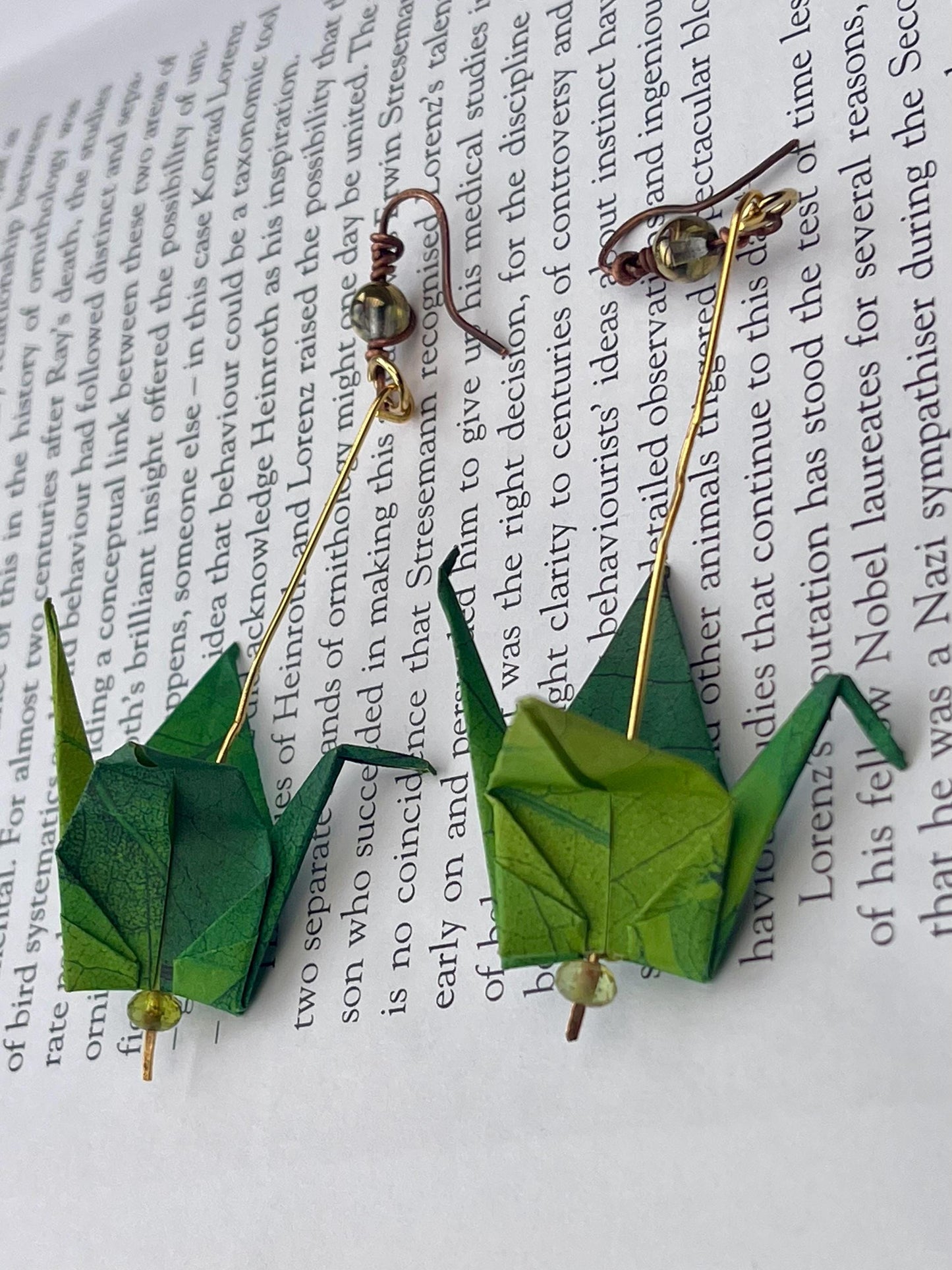 Bird origami earrings on recycled vintage beading. Eco friendly jewellery. Bird earrings. Handmade bird jewellery. Green birds. Eco gifts.