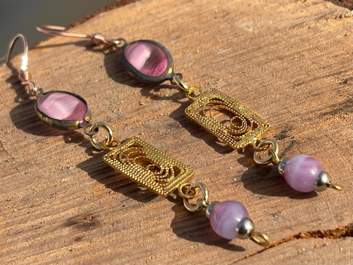 Beautiful pink & gold vintage earrings. Eco friendly jewellery made from stunning vintage beading. Eco friendly earrings. Ethical jewellery.
