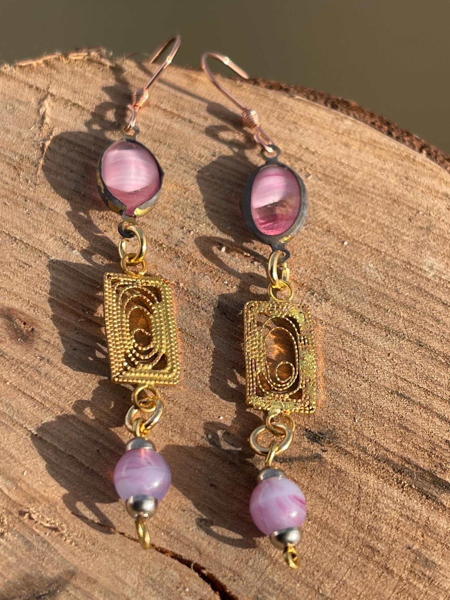 Beautiful pink & gold vintage earrings. Eco friendly jewellery made from stunning vintage beading. Eco friendly earrings. Ethical jewellery.