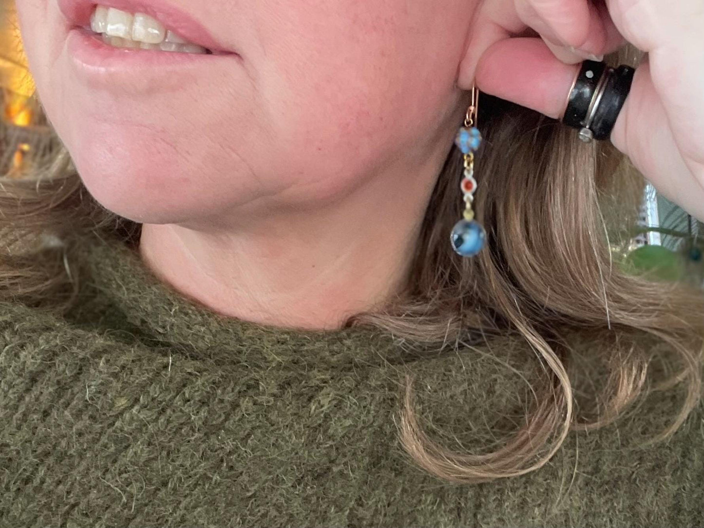 Beautiful blue & red vintage earrings. Eco friendly jewellery made from stunning vintage beading. Eco friendly earrings. Ethical jewellery.