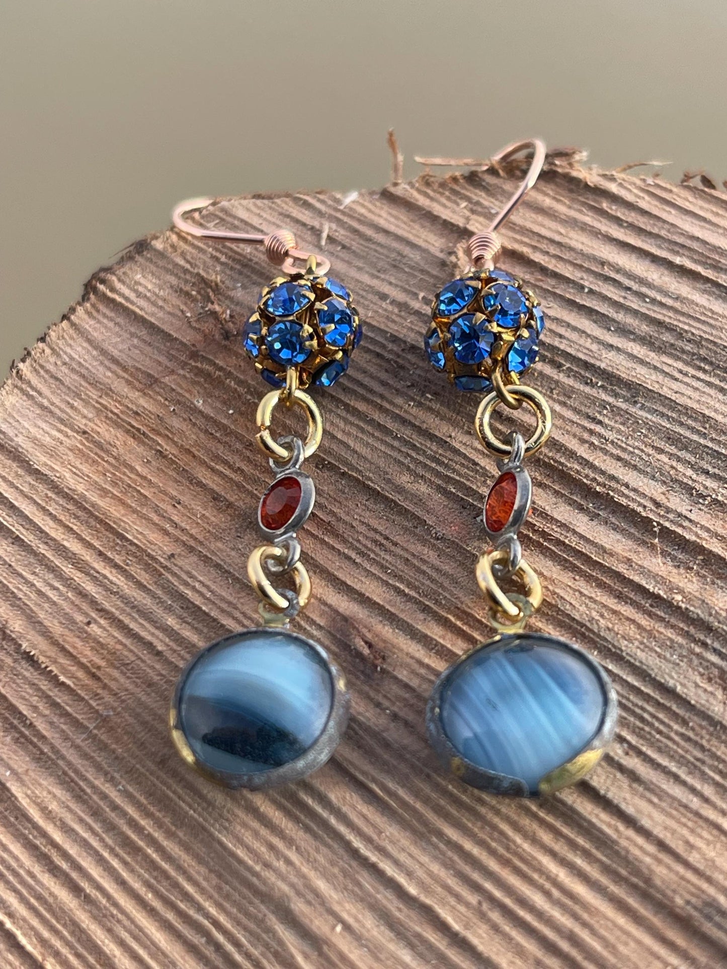 Beautiful blue & red vintage earrings. Eco friendly jewellery made from stunning vintage beading. Eco friendly earrings. Ethical jewellery.