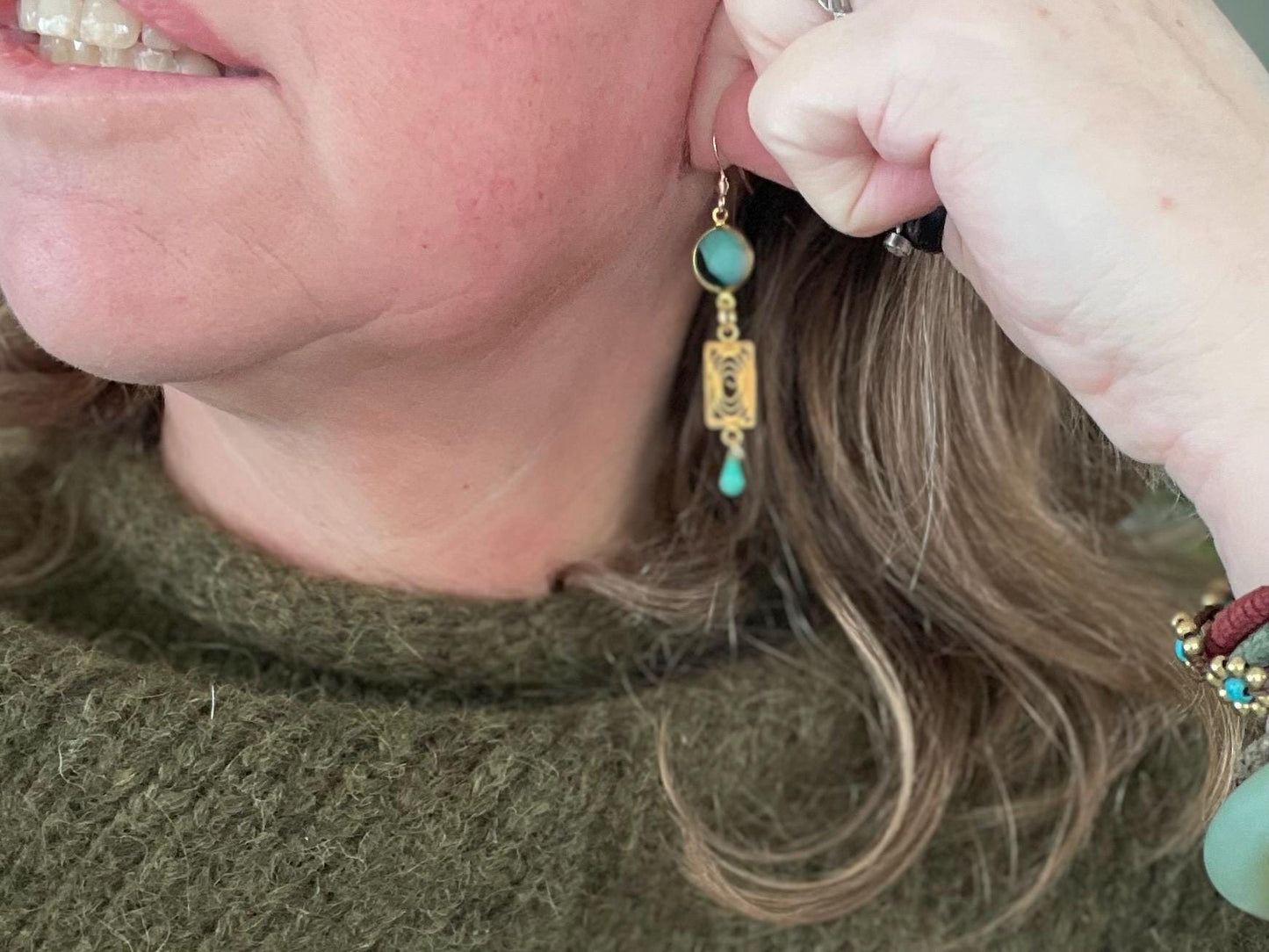 Beautiful green & gold vintage earrings. Eco friendly jewellery made from stunning vintage beading. Eco friendly earrings. Ethical jewellery