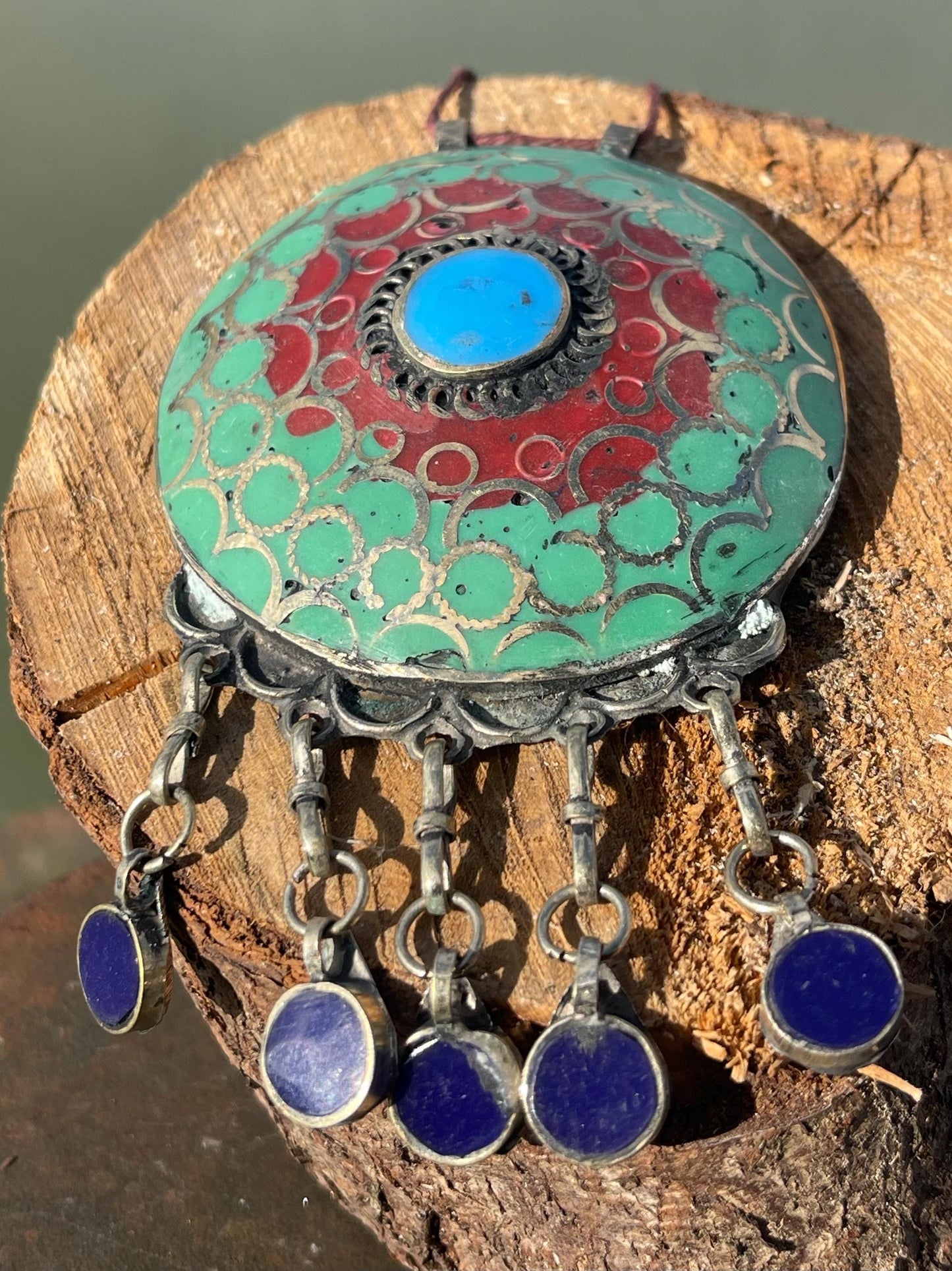 Gypsy jewellery. Very large statement necklace. Vintage jewellery, ethical jewellery, red and green pendant, boho necklace, unique necklace