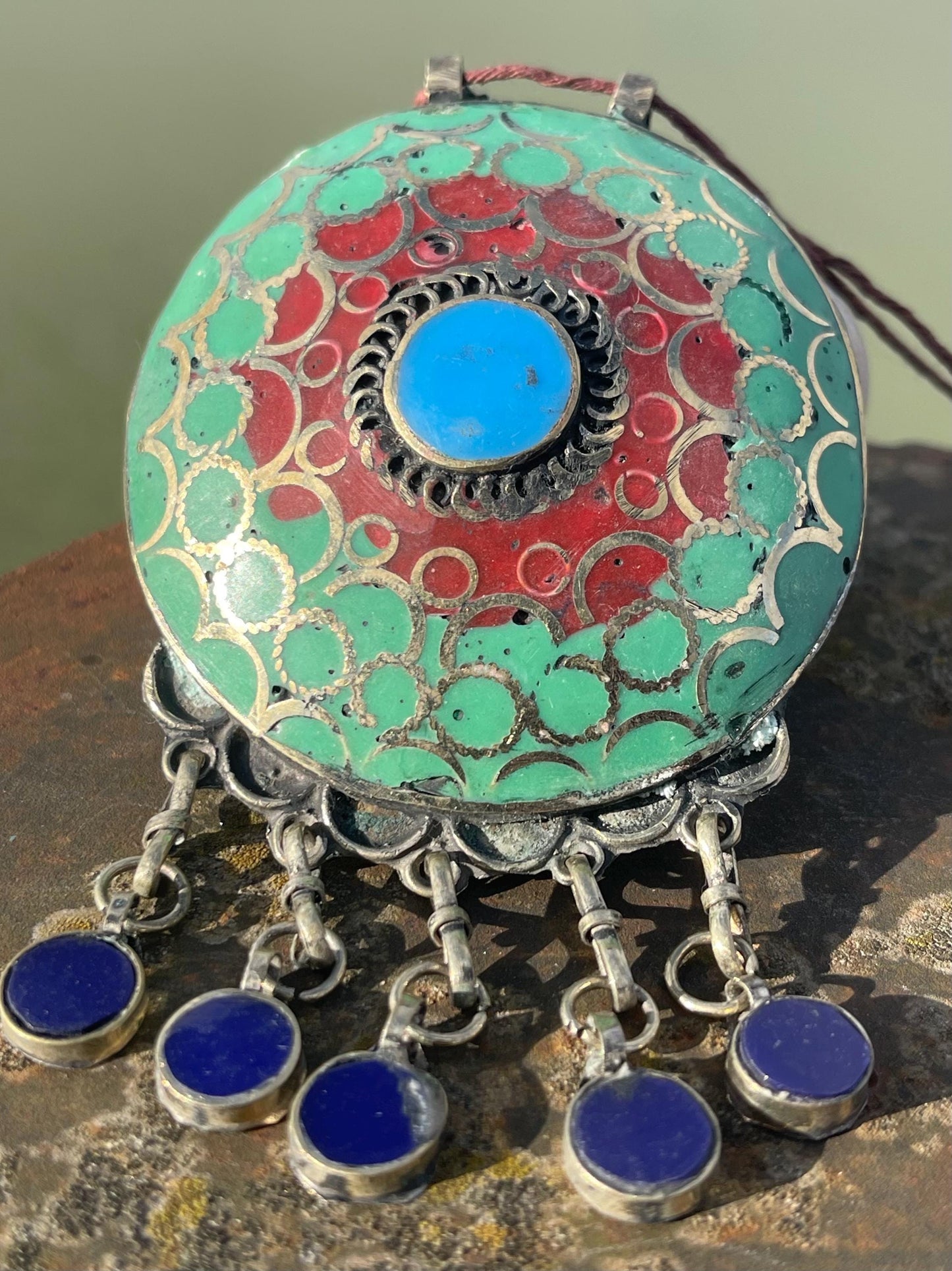 Gypsy jewellery. Very large statement necklace. Vintage jewellery, ethical jewellery, red and green pendant, boho necklace, unique necklace