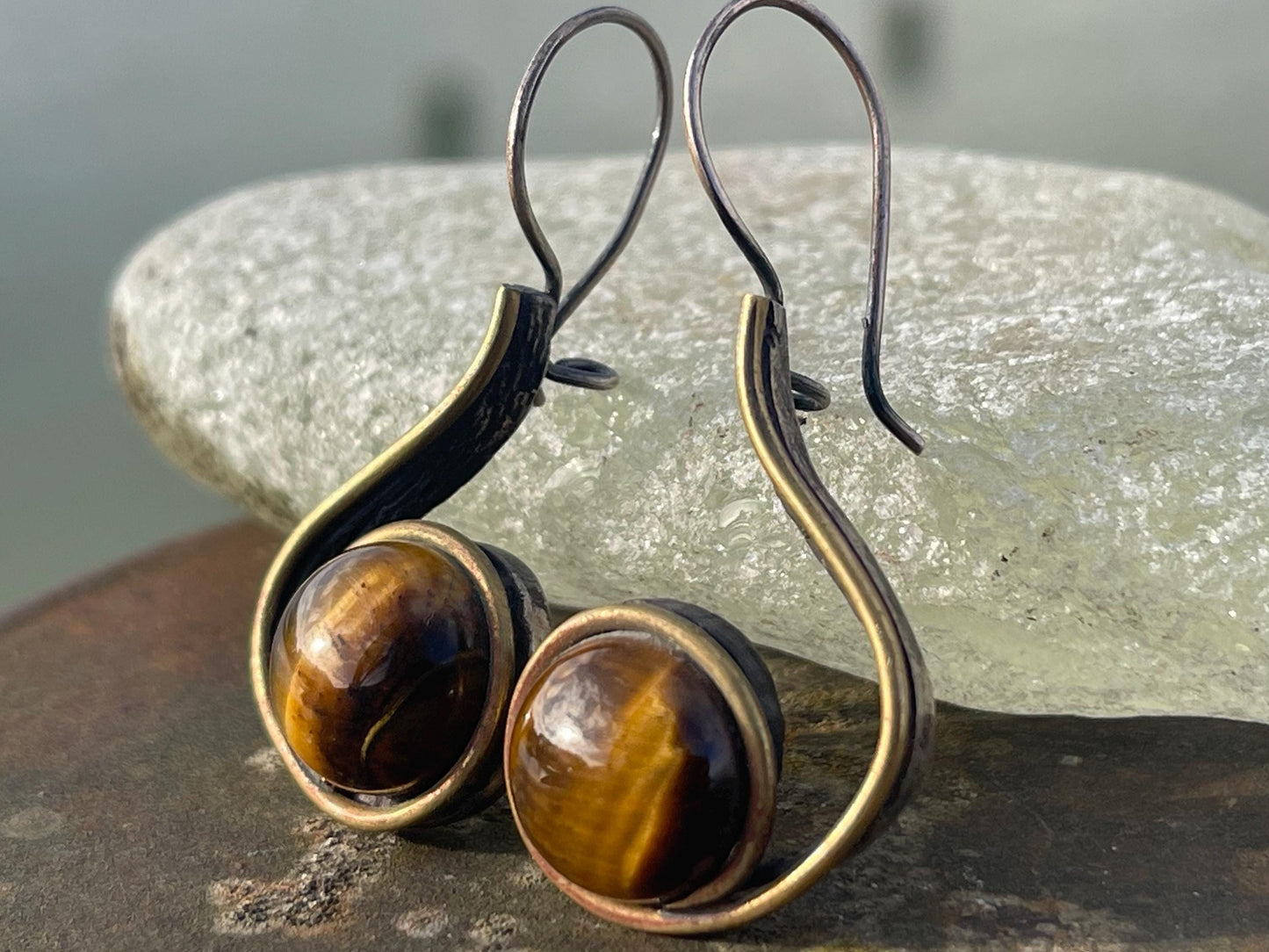 Unusual tigers eye earrings. Tigers eye jewellery. Unique earrings. Boho jewellery. Unique gift for her. Eco friendly jewellery.