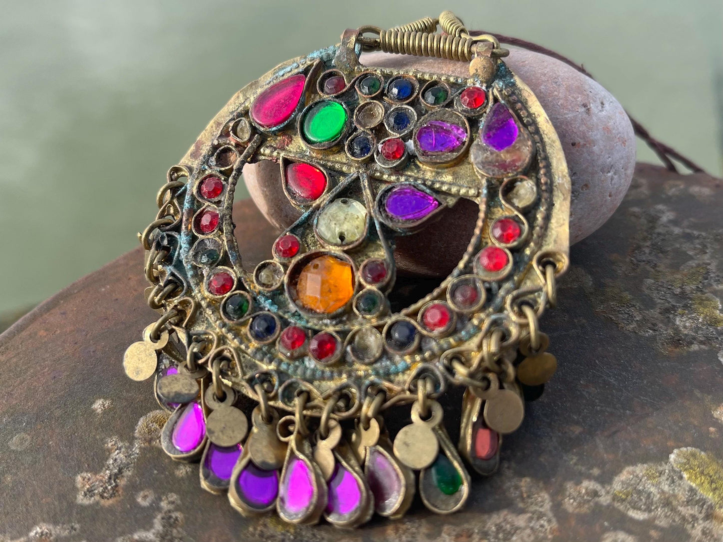 Vintage enamel and brass necklace, tribal jewellery. Unusual vintage pendants. Vintage jewellery. Unique necklaces. Unusual heart necklace