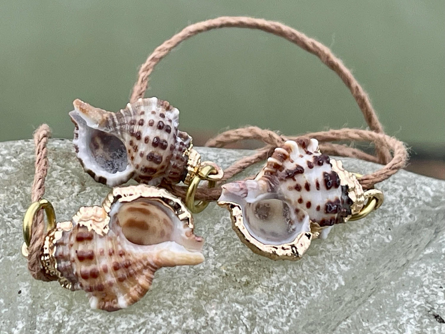 Pretty little painted gold shell necklace held on recycled brass and sustainable hemp. Shell jewellery. Boho jewellery. Eco friendly gifts.