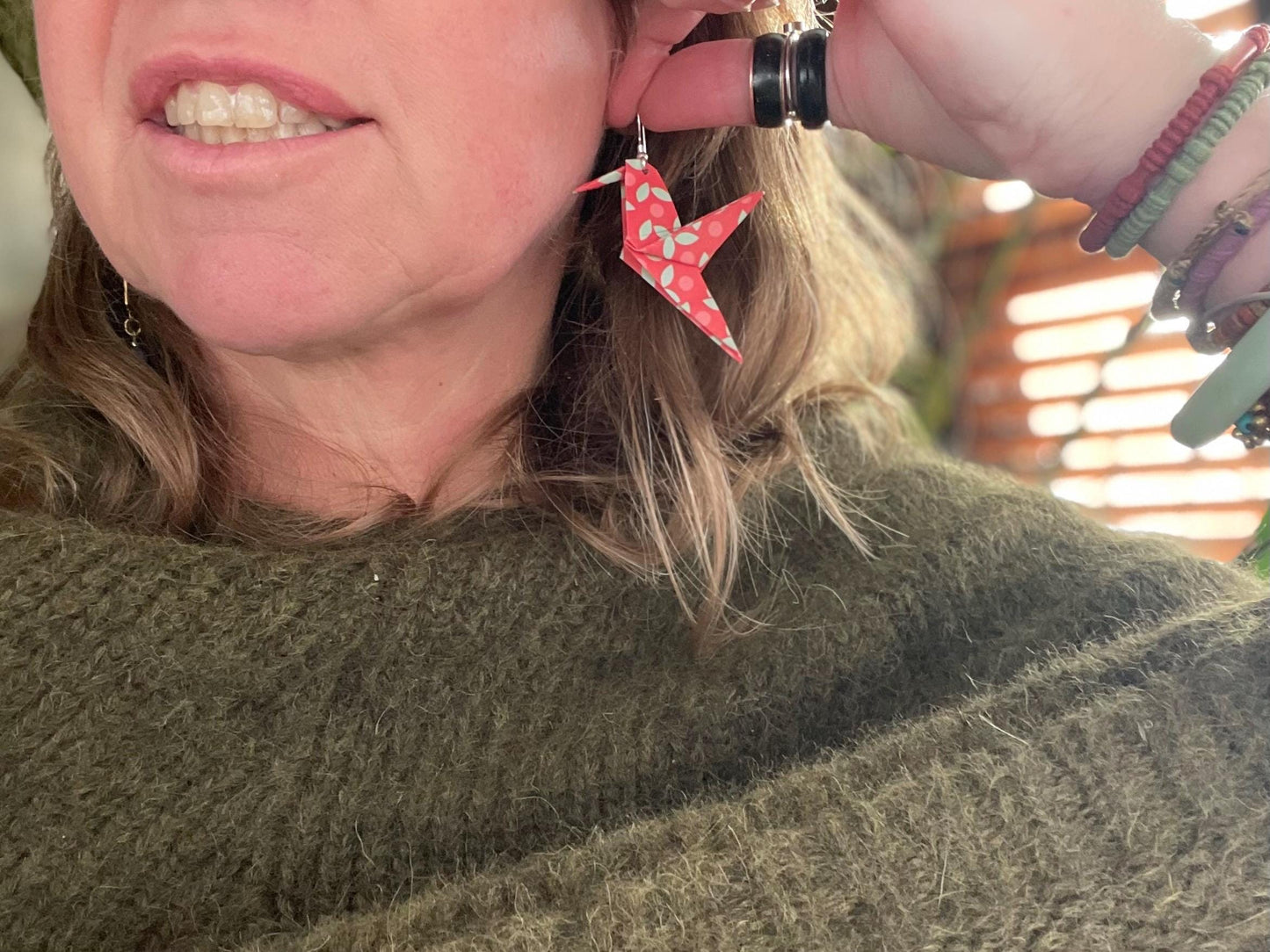 Bird origami earrings on recycled sterling silver. Eco friendly jewellery. Bird earrings. Handmade bird jewellery. Red birds on silver