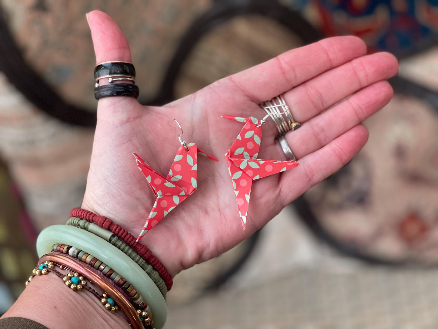 Bird origami earrings on recycled sterling silver. Eco friendly jewellery. Bird earrings. Handmade bird jewellery. Red birds on silver