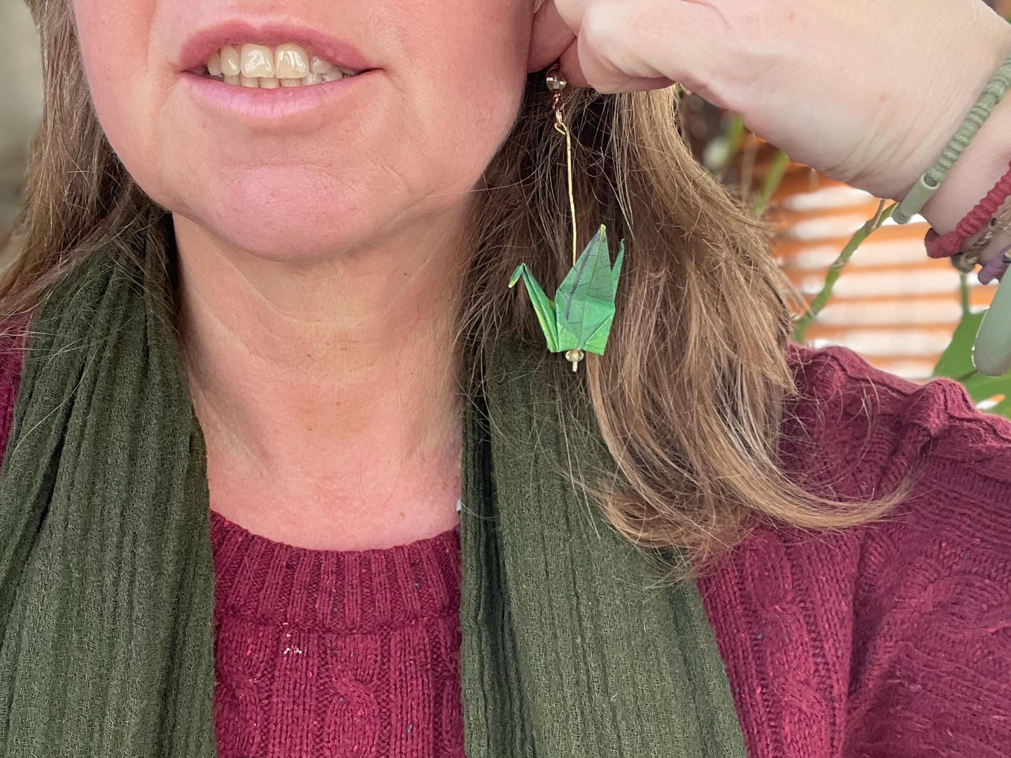 Bird origami earrings on recycled vintage beading. Eco friendly jewellery. Bird earrings. Handmade bird jewellery. Green birds. Eco gifts.