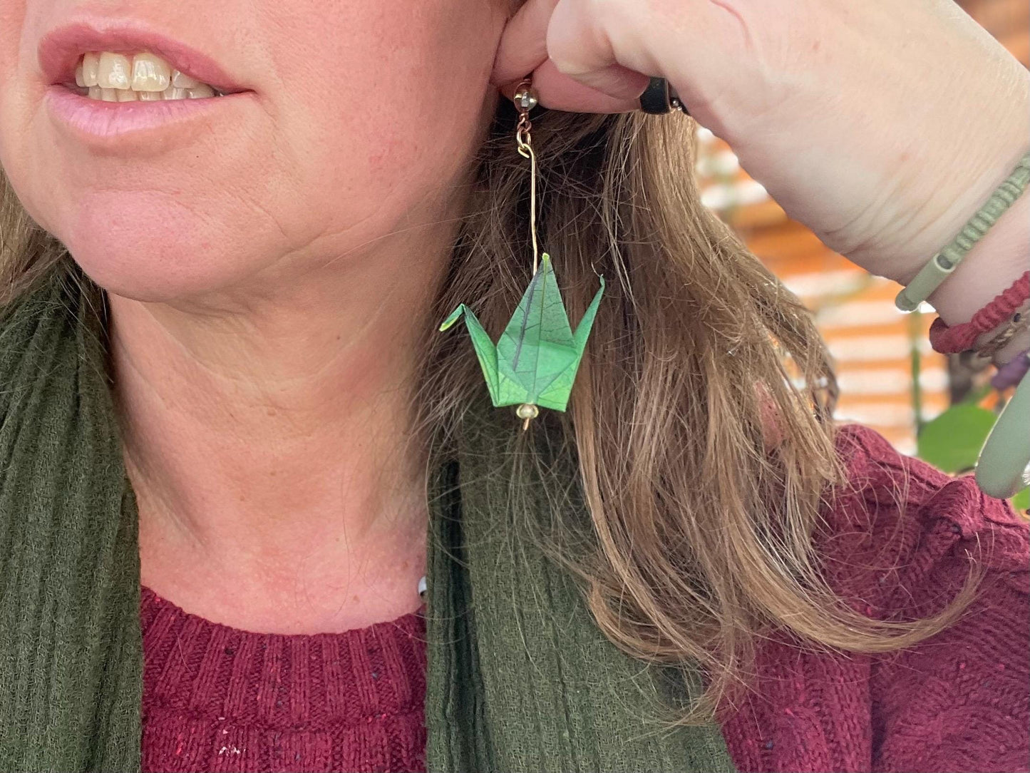 Bird origami earrings on recycled vintage beading. Eco friendly jewellery. Bird earrings. Handmade bird jewellery. Green birds. Eco gifts.