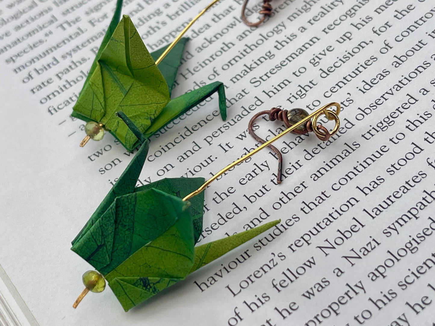 Bird origami earrings on recycled vintage beading. Eco friendly jewellery. Bird earrings. Handmade bird jewellery. Green birds. Eco gifts.