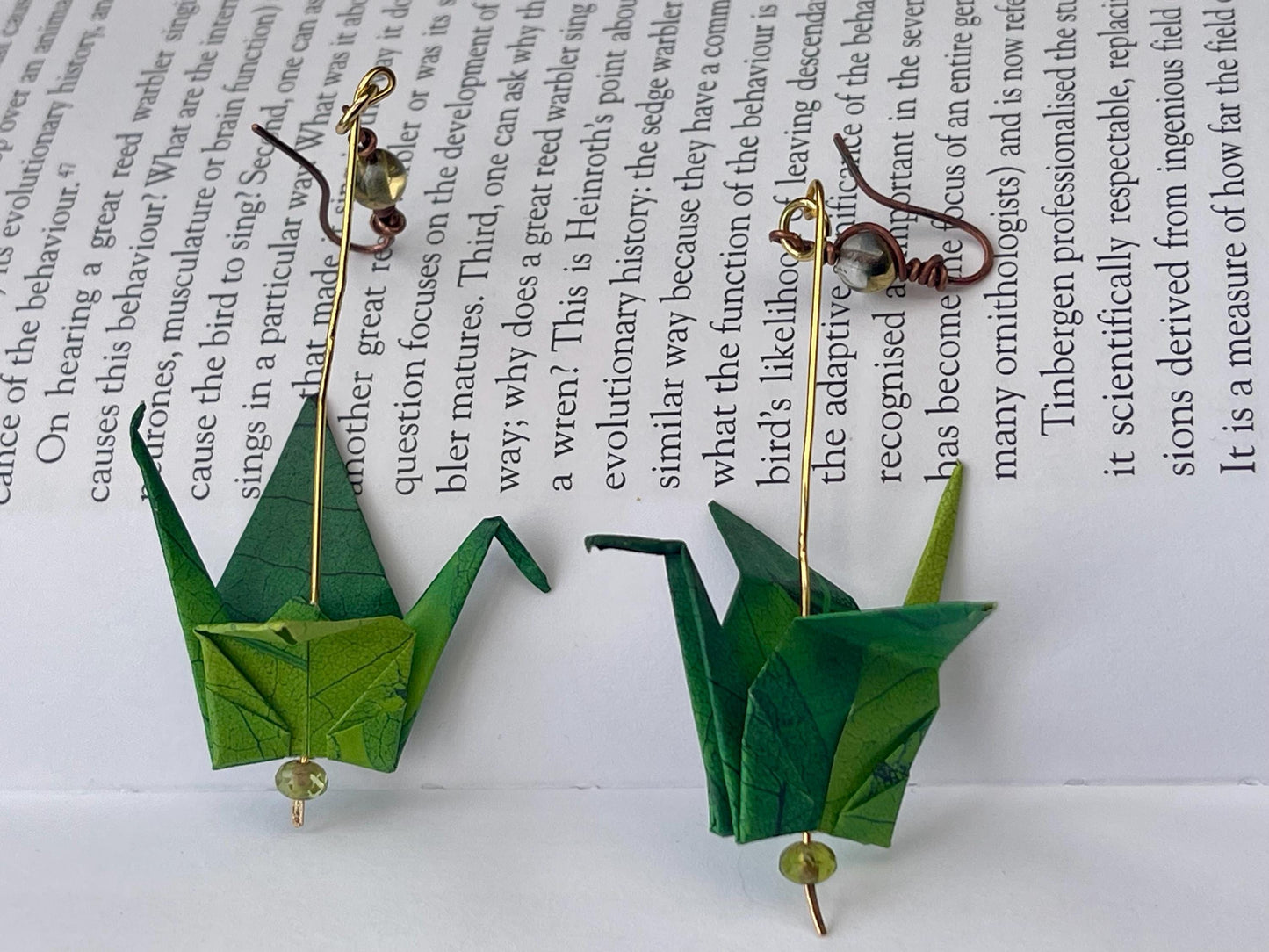 Bird origami earrings on recycled vintage beading. Eco friendly jewellery. Bird earrings. Handmade bird jewellery. Green birds. Eco gifts.