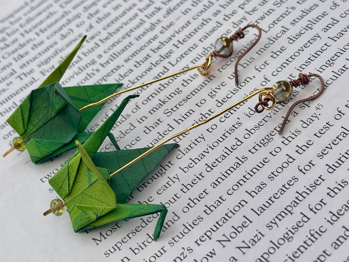 Bird origami earrings on recycled vintage beading. Eco friendly jewellery. Bird earrings. Handmade bird jewellery. Green birds. Eco gifts.