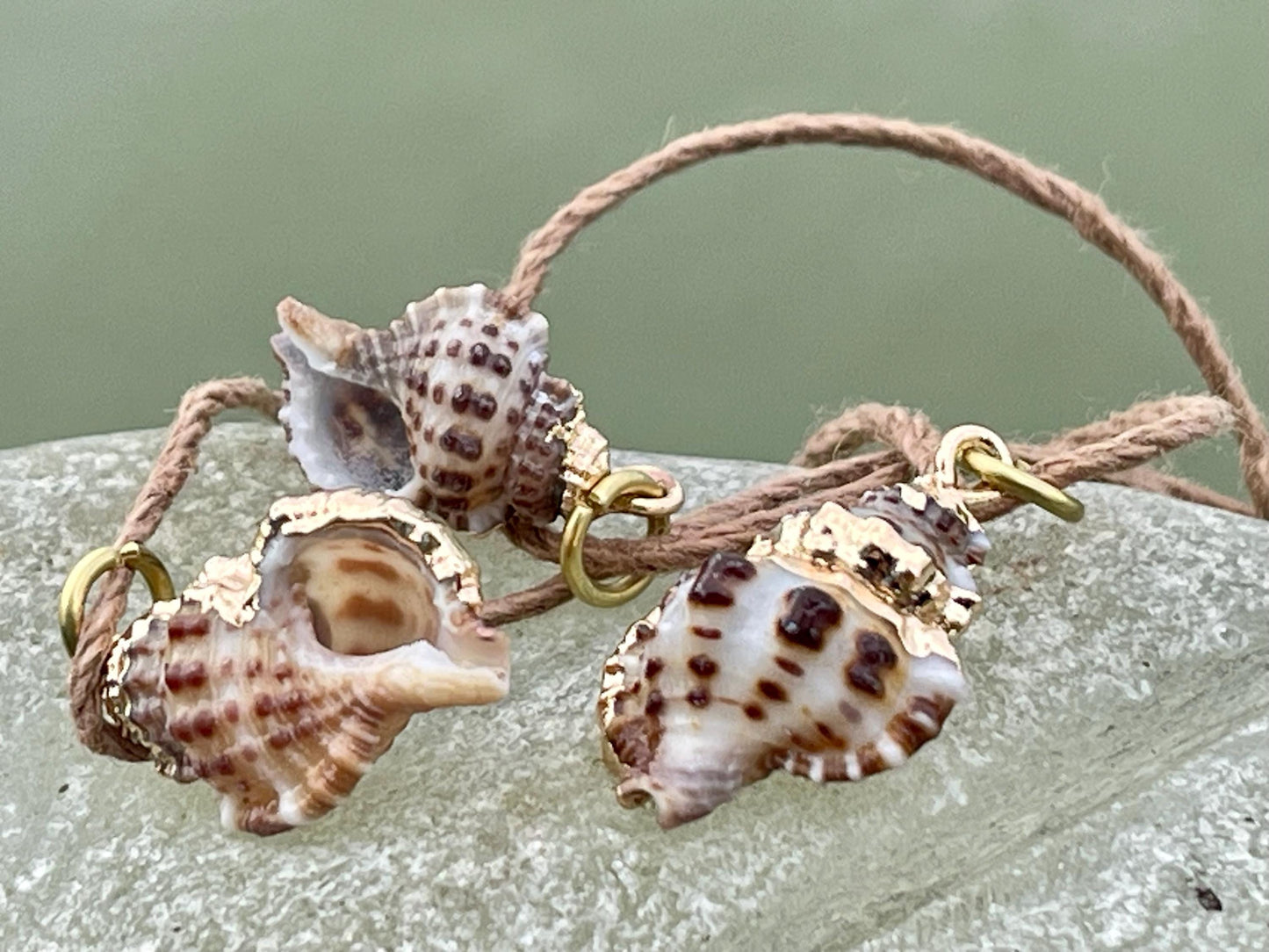 Pretty little painted gold shell necklace held on recycled brass and sustainable hemp. Shell jewellery. Boho jewellery. Eco friendly gifts.