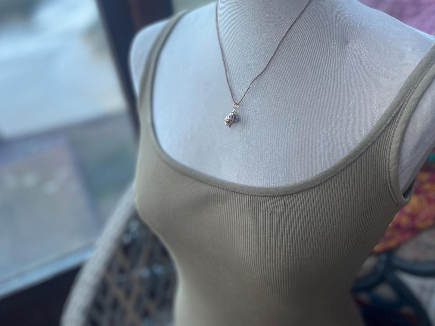 Pretty little painted gold shell necklace held on recycled brass and sustainable hemp. Shell jewellery. Boho jewellery. Eco friendly gifts.