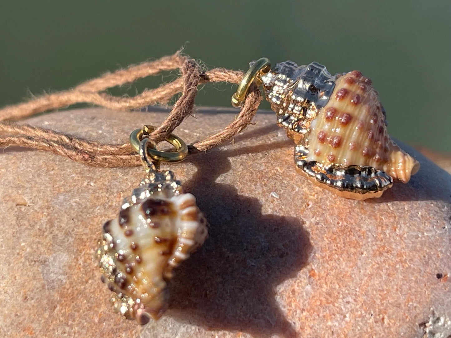 Pretty little painted gold shell necklace held on recycled brass and sustainable hemp. Shell jewellery. Boho jewellery. Eco friendly gifts.