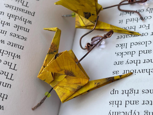 Bird origami earrings on recycled metals. Eco friendly jewellery. Bird earrings. Handmade bird jewellery. Yellow birds. Ethical jewellery.