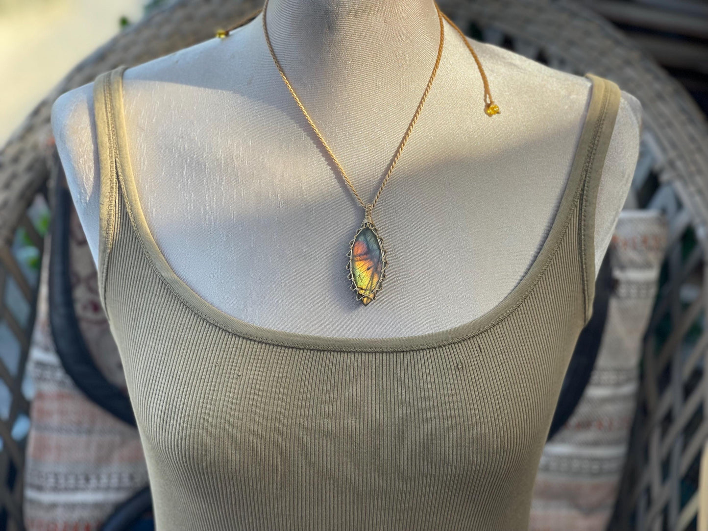 Stunning macrame labradorite necklace on an adjustable cord. Handmade gemstone necklace, boho jewellery. Macrame jewellery. Unique necklace.
