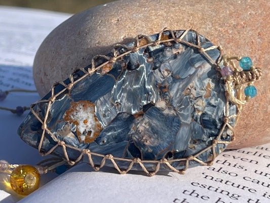 Stunning pietersite gemstone necklace, citrine pendant. Handmade gemstone necklace, boho jewellery. Macrame jewellery. Unique necklace.