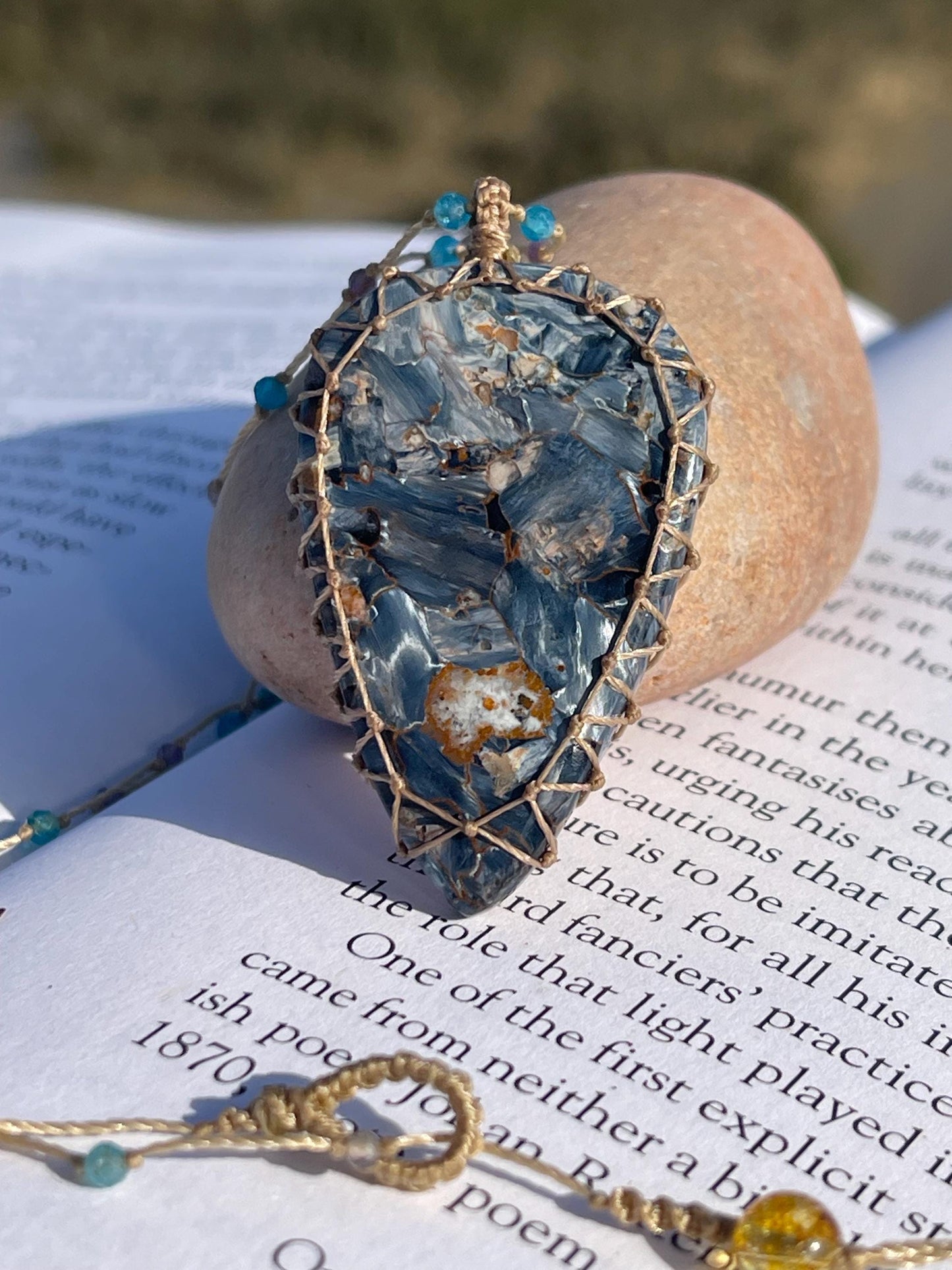 Stunning pietersite gemstone necklace, citrine pendant. Handmade gemstone necklace, boho jewellery. Macrame jewellery. Unique necklace.