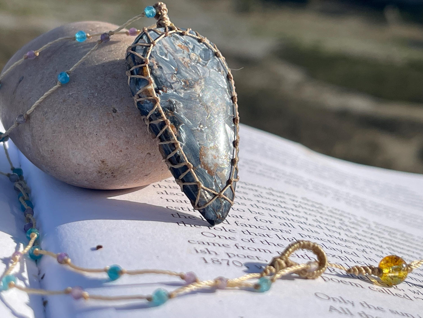 Stunning pietersite gemstone necklace, citrine pendant. Handmade gemstone necklace, boho jewellery. Macrame jewellery. Unique necklace.