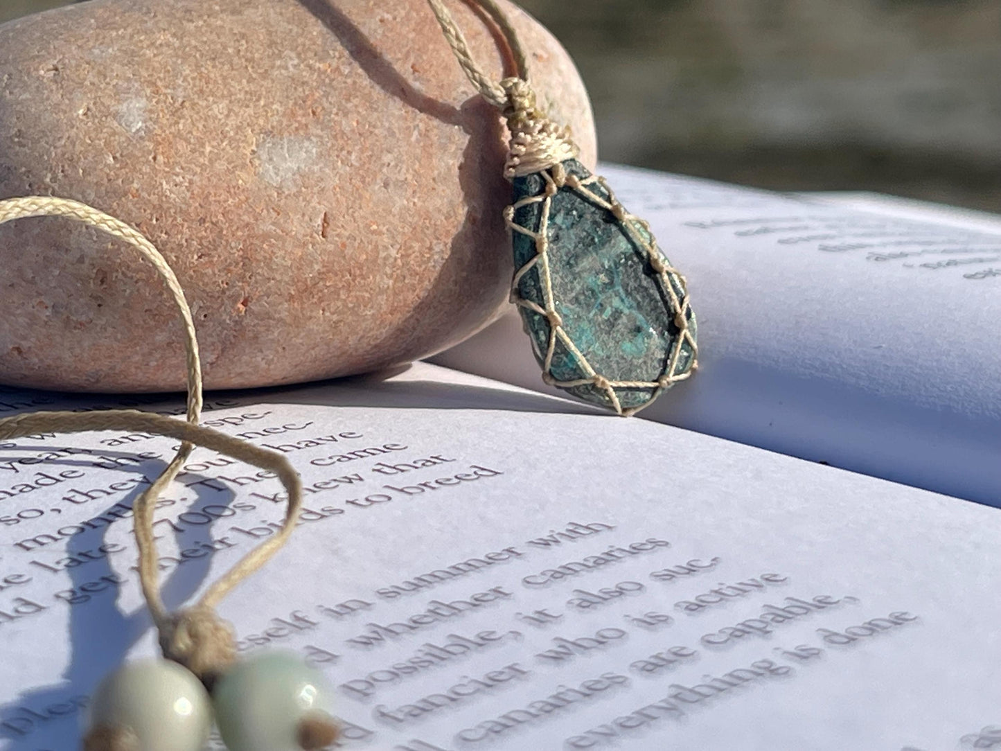 Stunning macrame chrysocolla necklace on an adjustable cord. Handmade gemstone necklace, boho jewellery. Macrame jewellery. Unique necklace.