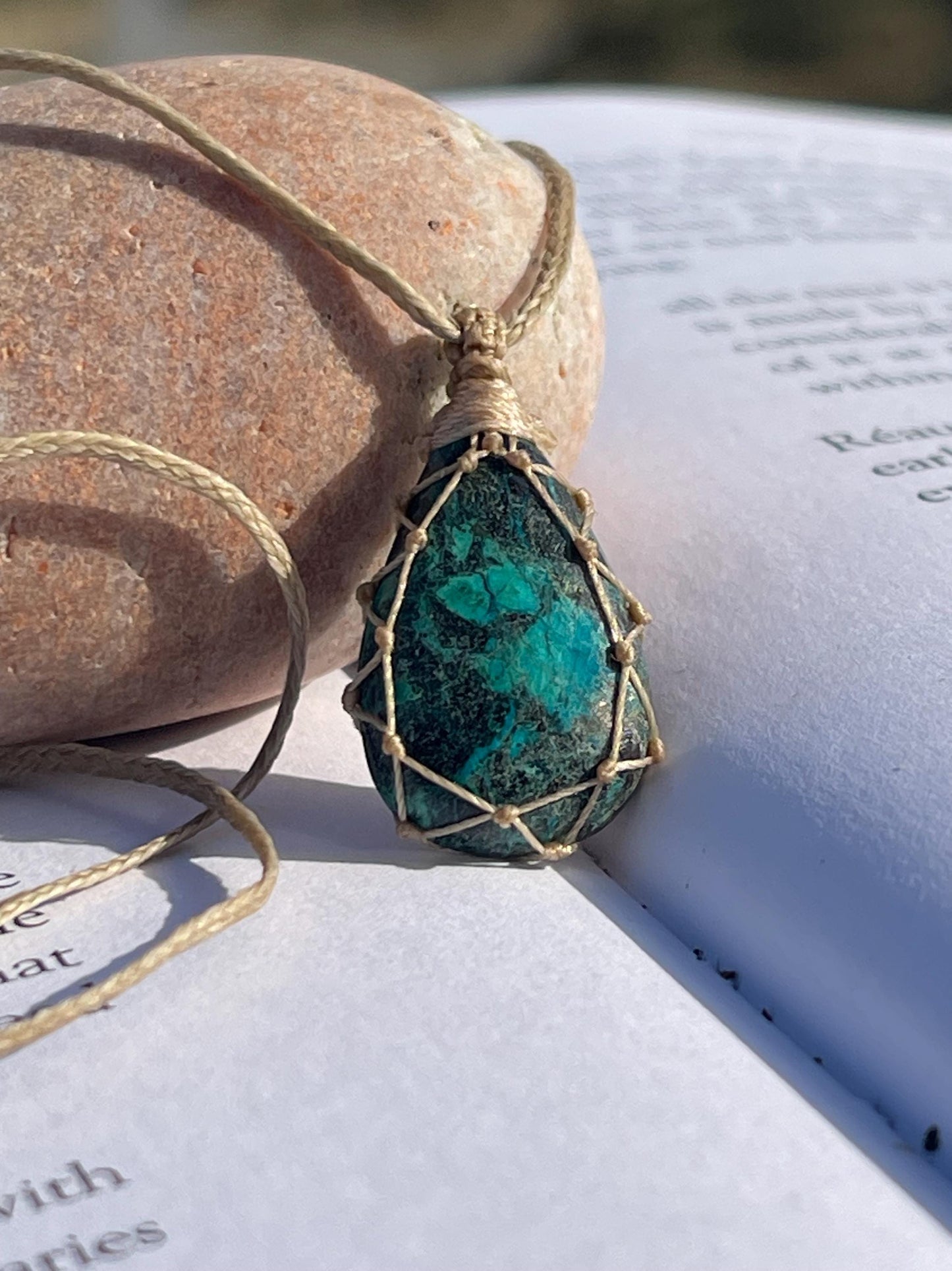 Stunning macrame chrysocolla necklace on an adjustable cord. Handmade gemstone necklace, boho jewellery. Macrame jewellery. Unique necklace.