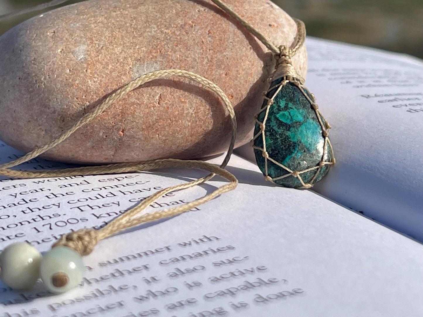 Stunning macrame chrysocolla necklace on an adjustable cord. Handmade gemstone necklace, boho jewellery. Macrame jewellery. Unique necklace.