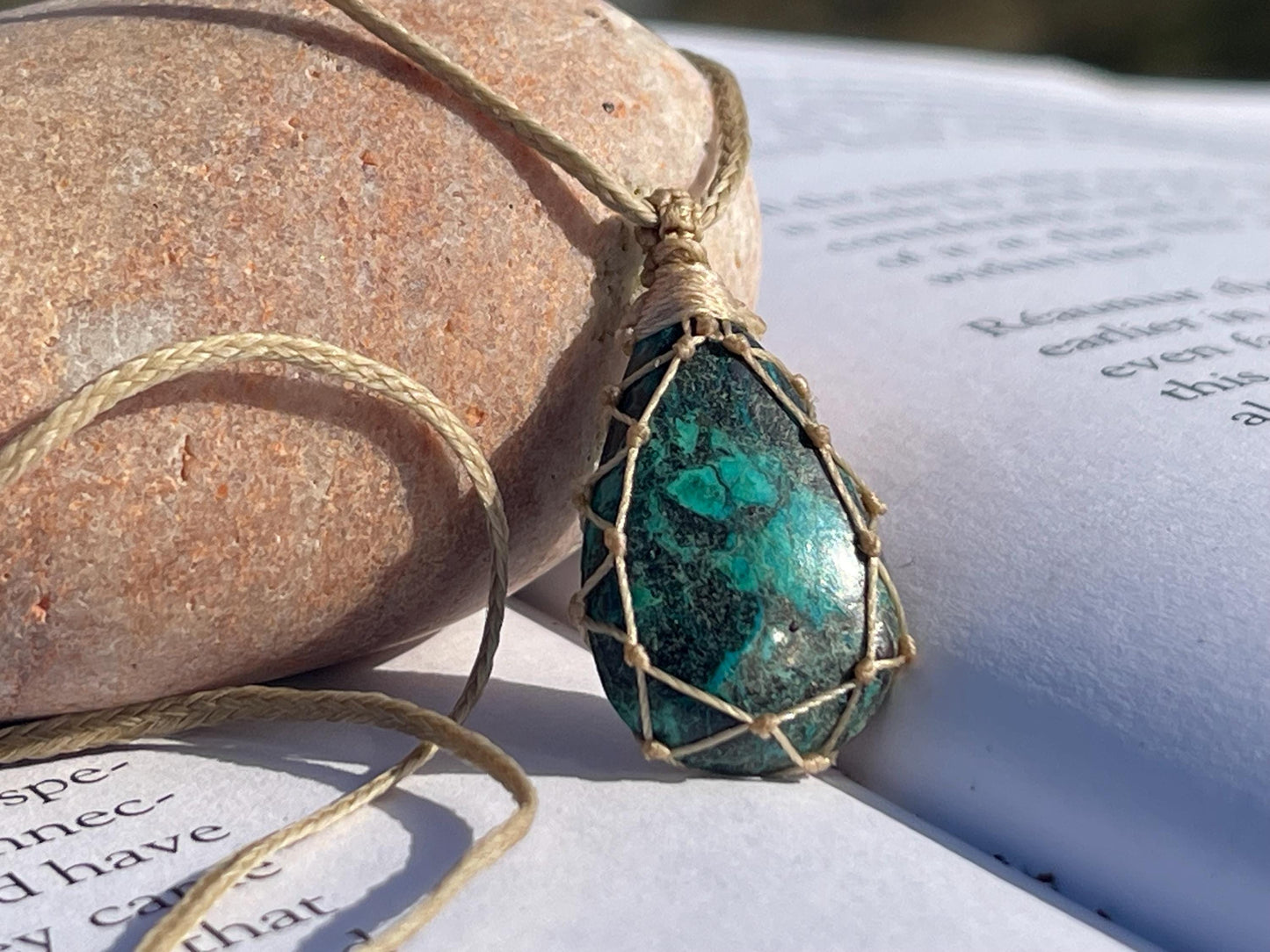 Stunning macrame chrysocolla necklace on an adjustable cord. Handmade gemstone necklace, boho jewellery. Macrame jewellery. Unique necklace.