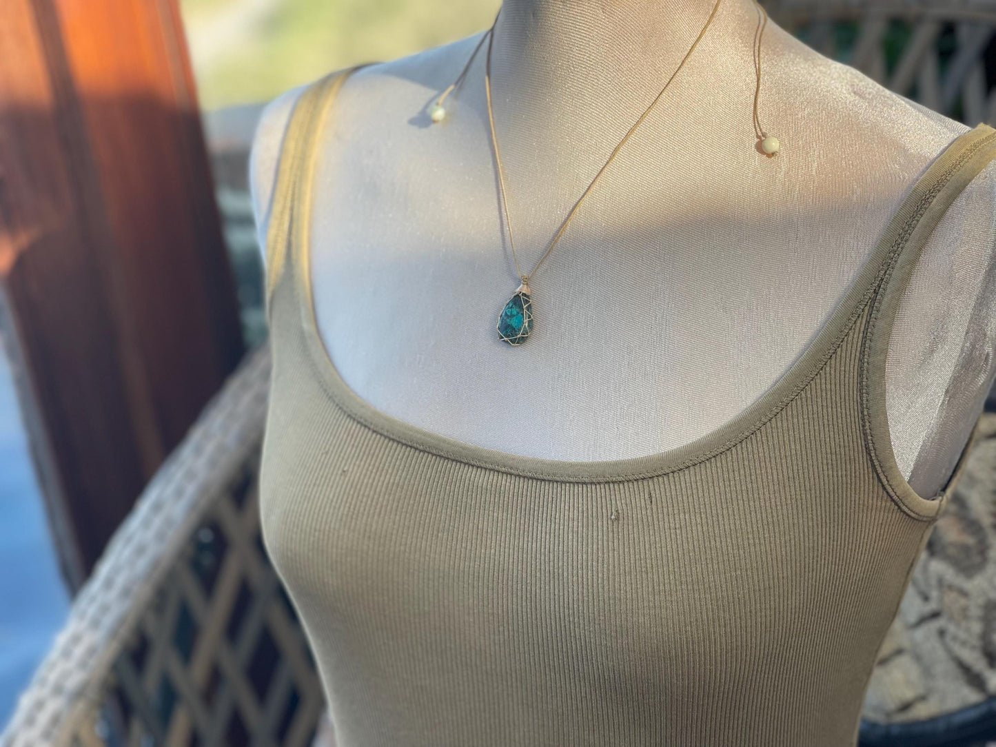 Stunning macrame chrysocolla necklace on an adjustable cord. Handmade gemstone necklace, boho jewellery. Macrame jewellery. Unique necklace.