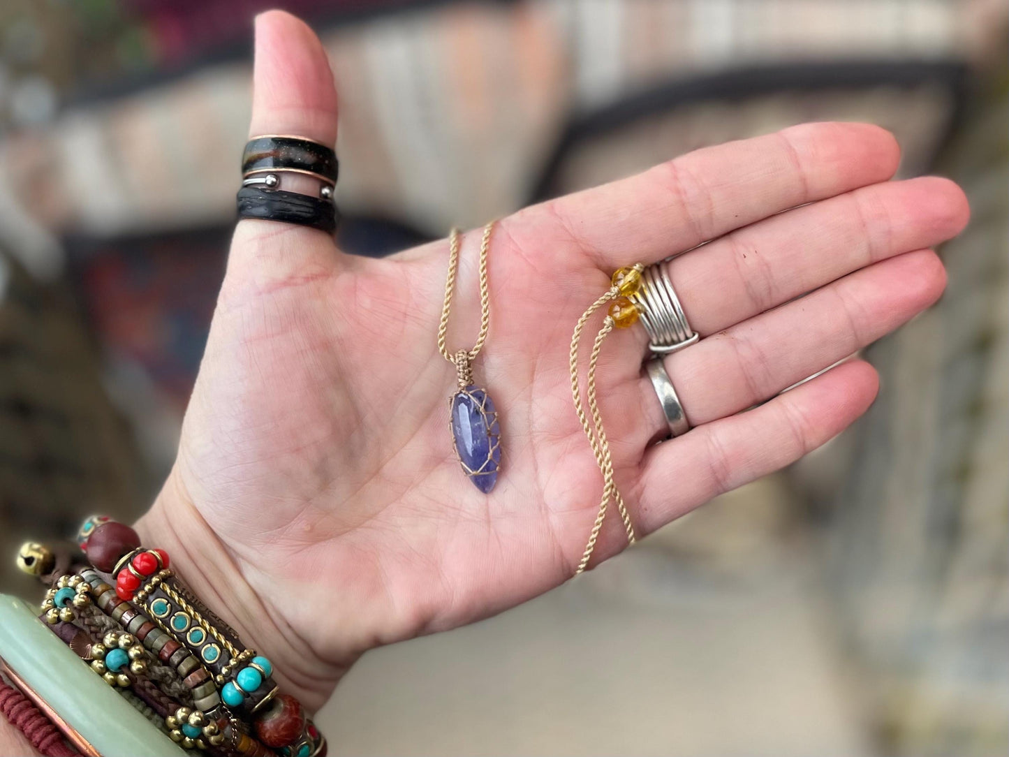 Stunning macrame tanzanite necklace on an adjustable cord. Handmade gemstone necklace, boho jewellery. Macrame jewellery. Unique necklace.