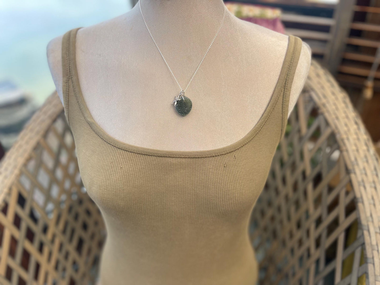 Eco friendly sea glass necklace on a sterling silver chain showcasing a little starfish. Starfish pendant,  eco friendly jewellery. Boho