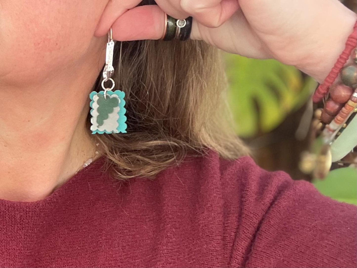 Eco friendly earrings made with sustainable cactus leather. Cruelty free, ethical, sustainable earrings. Eco friendly jewellery.