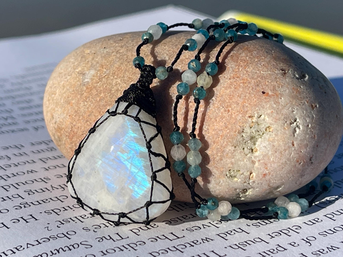 Stunning macrame moonstone necklace on an adjustable cord. Handmade gemstone necklace, boho jewellery. Macrame jewellery. Unique necklace.