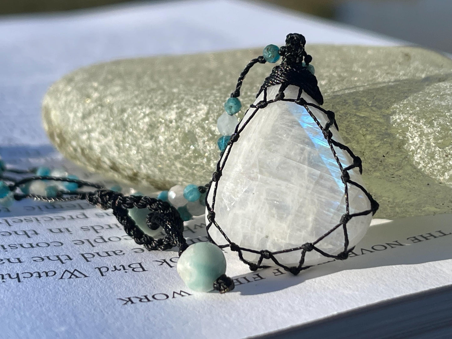 Stunning macrame moonstone necklace on an adjustable cord. Handmade gemstone necklace, boho jewellery. Macrame jewellery. Unique necklace.