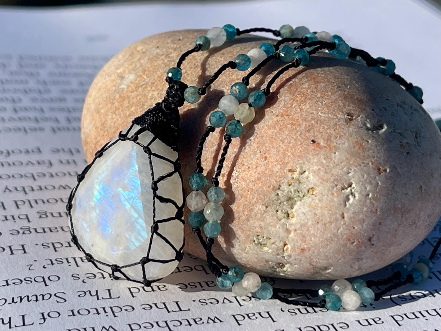 Stunning macrame moonstone necklace on an adjustable cord. Handmade gemstone necklace, boho jewellery. Macrame jewellery. Unique necklace.