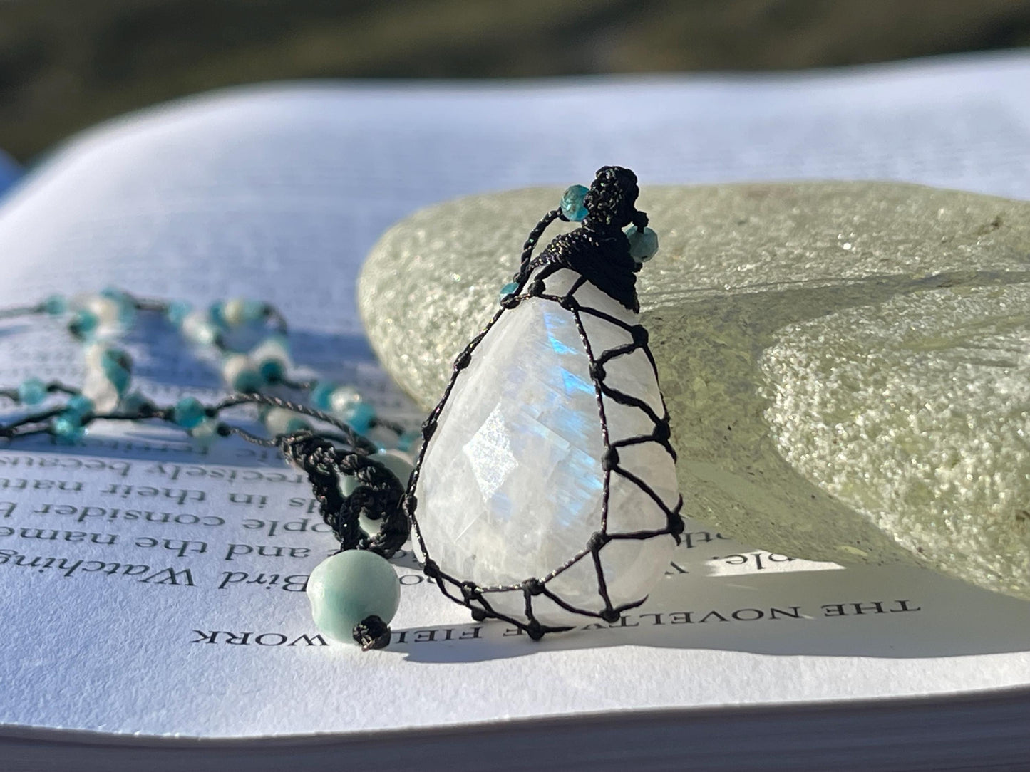 Stunning macrame moonstone necklace on an adjustable cord. Handmade gemstone necklace, boho jewellery. Macrame jewellery. Unique necklace.