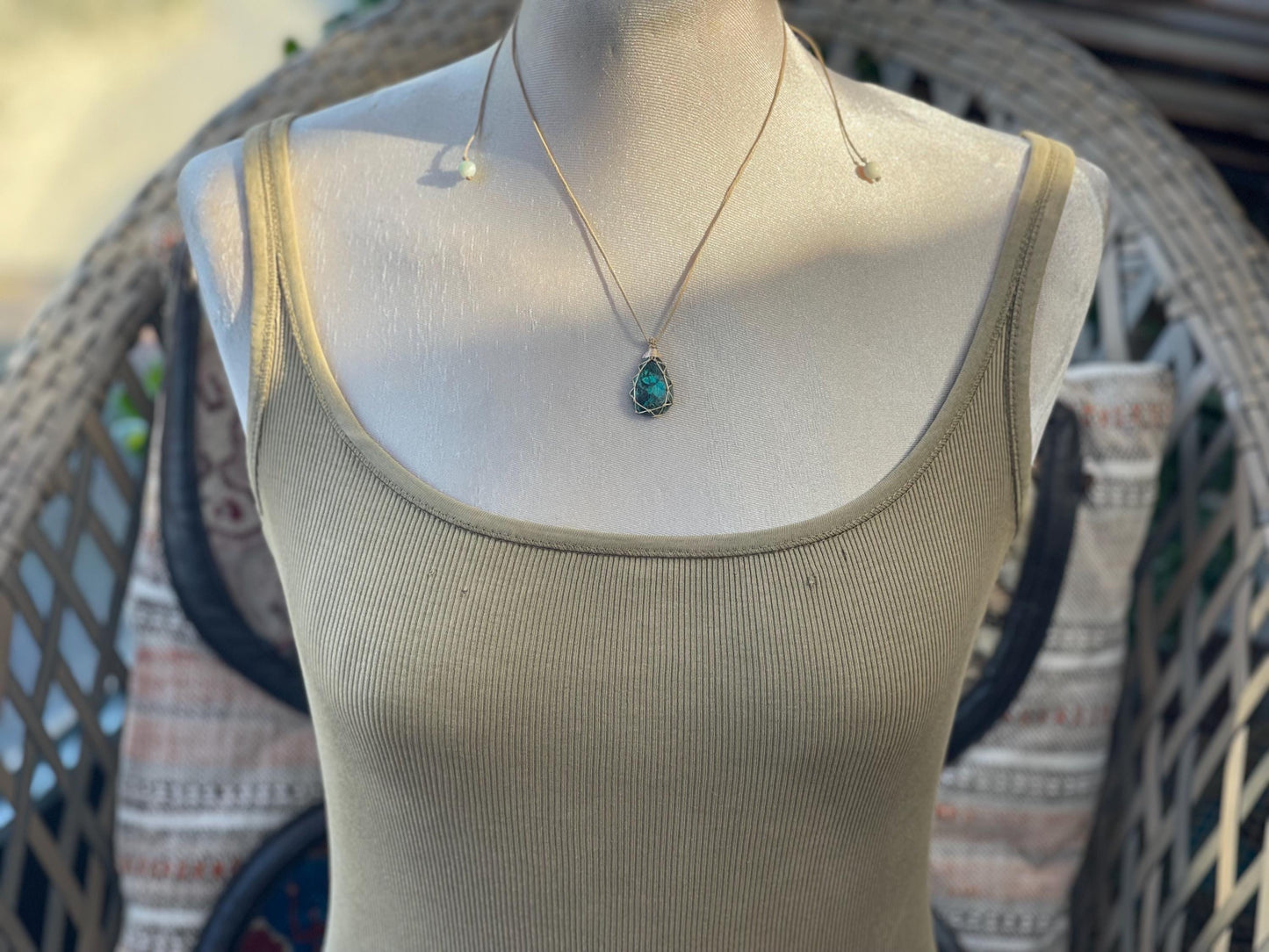 Stunning macrame Chrysocolla necklace on an adjustable cord. Handmade gemstone necklace, boho jewellery. Macrame jewellery. Unique necklace.