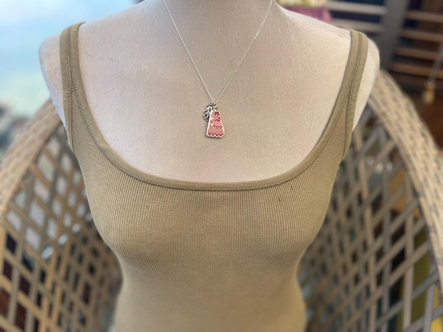 Eco friendly sea ceramic necklace on a sterling silver chain. Eco friendly jewellery, ethical jewellery. Eco friendly necklace.