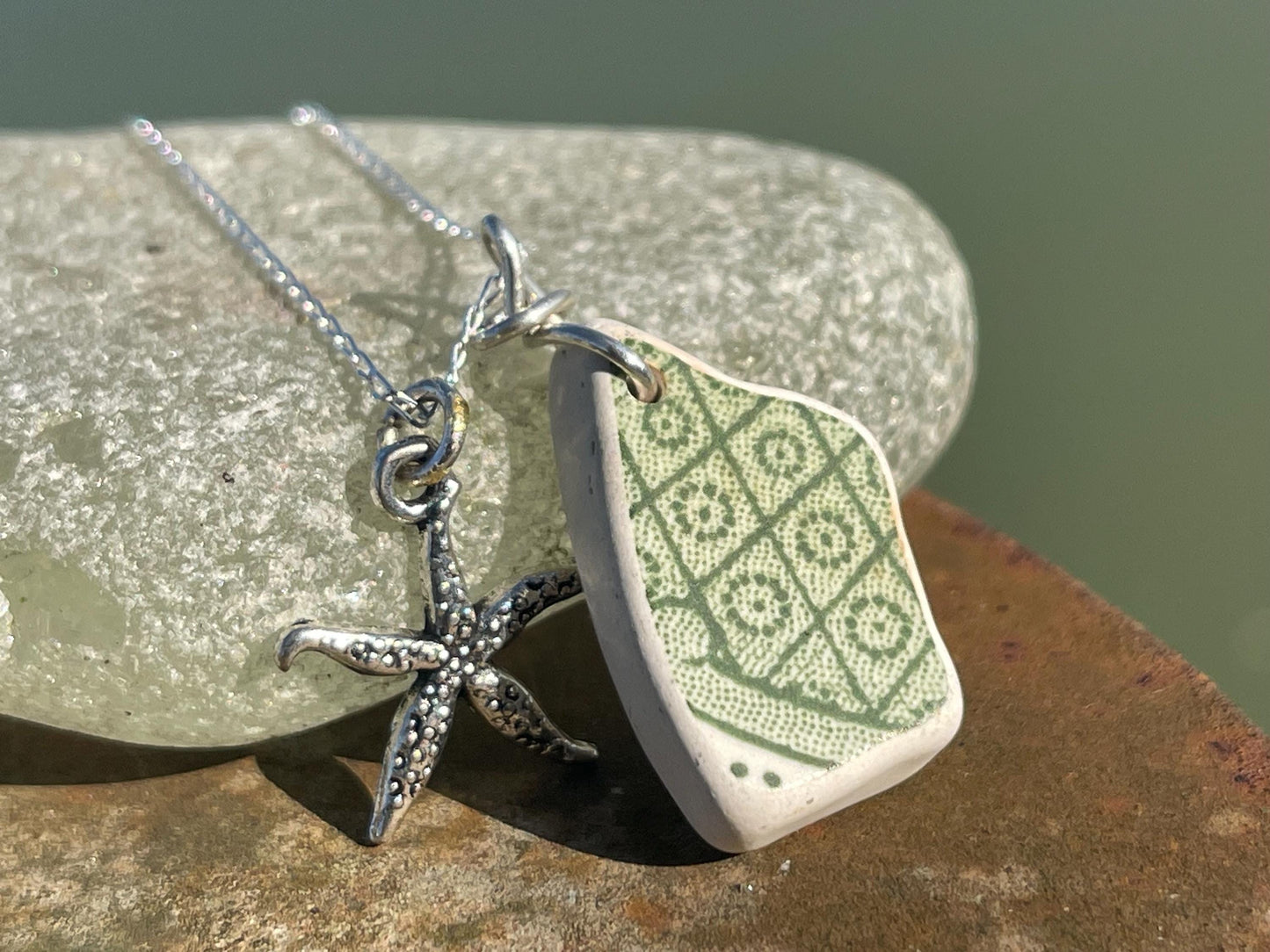 Eco friendly sea ceramic necklace on a sterling silver chain. Eco friendly jewellery, ethical jewellery. Eco friendly necklace.